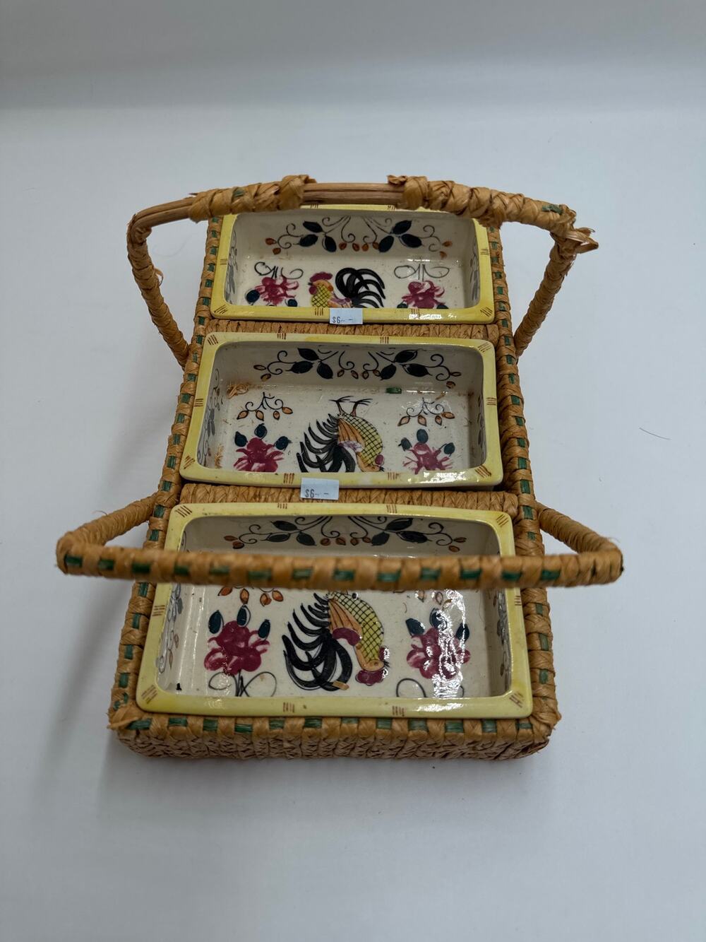 Hand Painted Rooster Ceramic Relish Tray Set Wicker Basket Caddy Handkunst